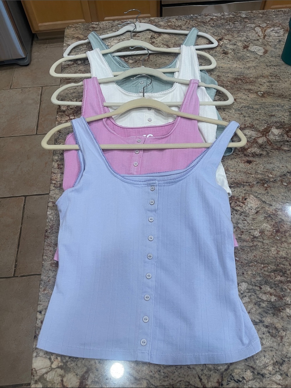 Set of 4 Button-Front Rib Tank Top - Lavender, Pink, White, Sage S:M